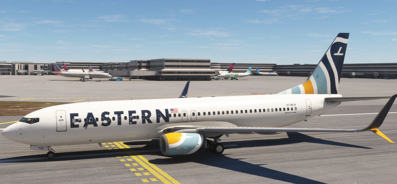 A white Eastern Airlines airplane on the tarmac at an airport with several other planes and a terminal building in the background.