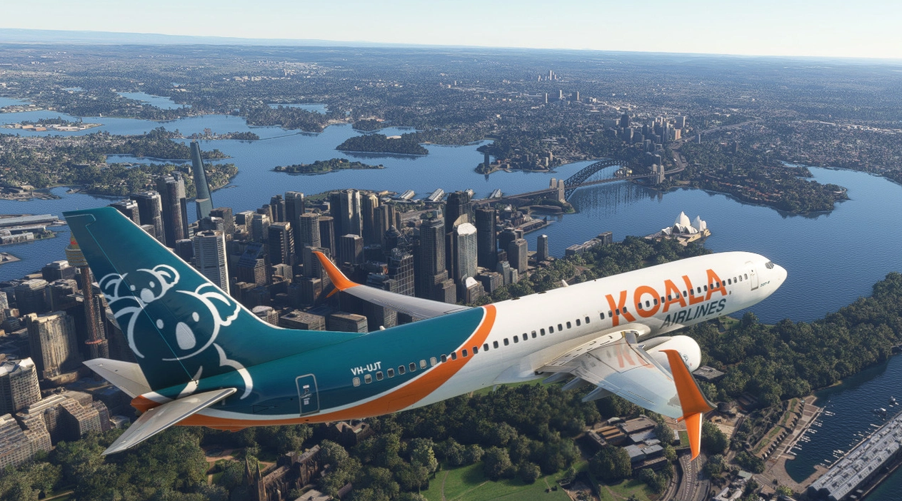 An airplane flying over a cityscape with lakes and bridges, including the Sydney Opera House and Harbour Bridge.