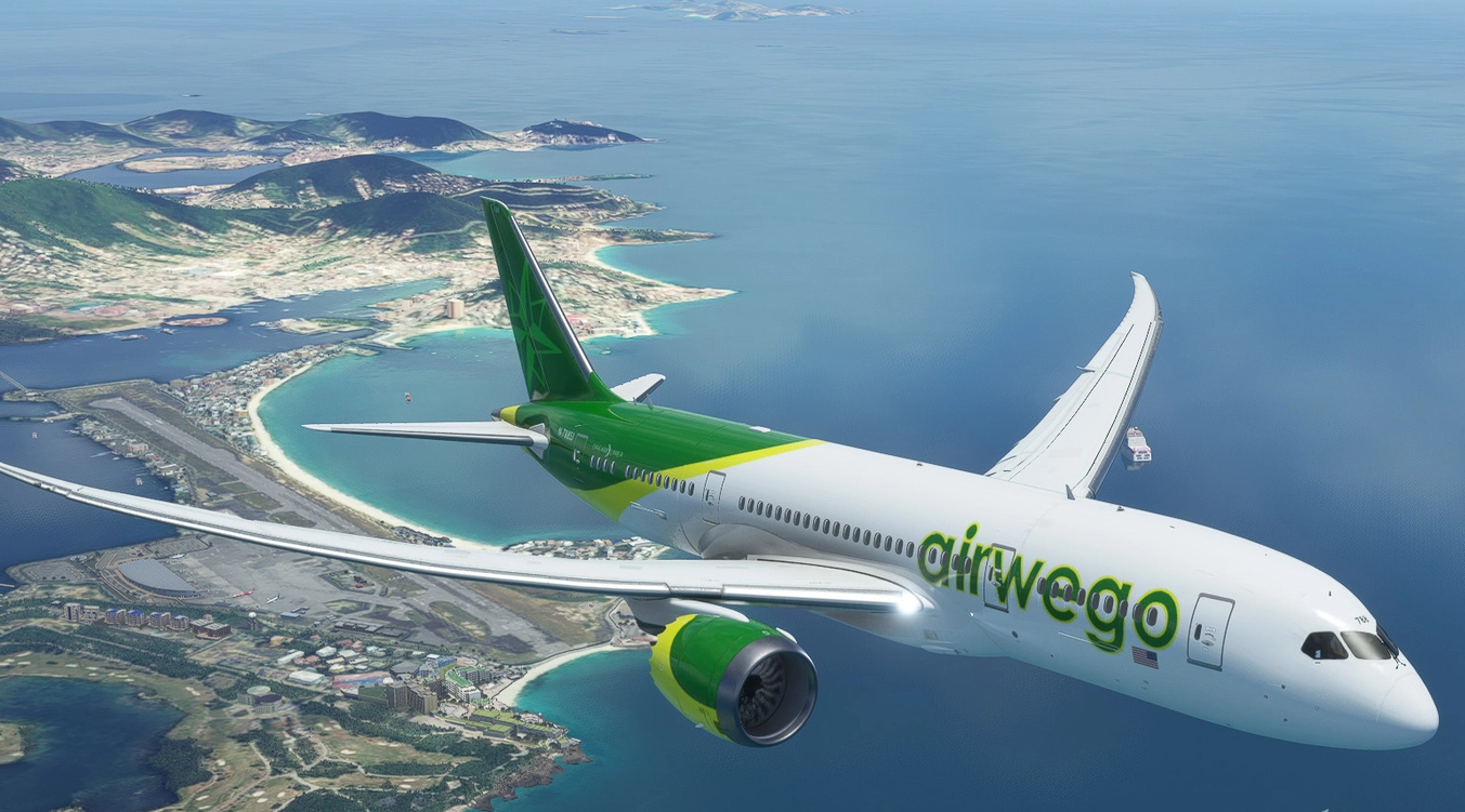 Airwego airplane flying over a coastal area with beaches, bays, and green islands.