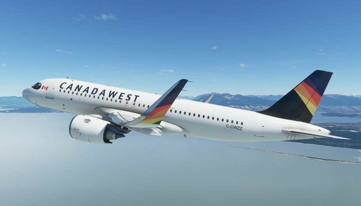 A white Canada West airplane with a black, red, and yellow tail flying above clouds and mountains.