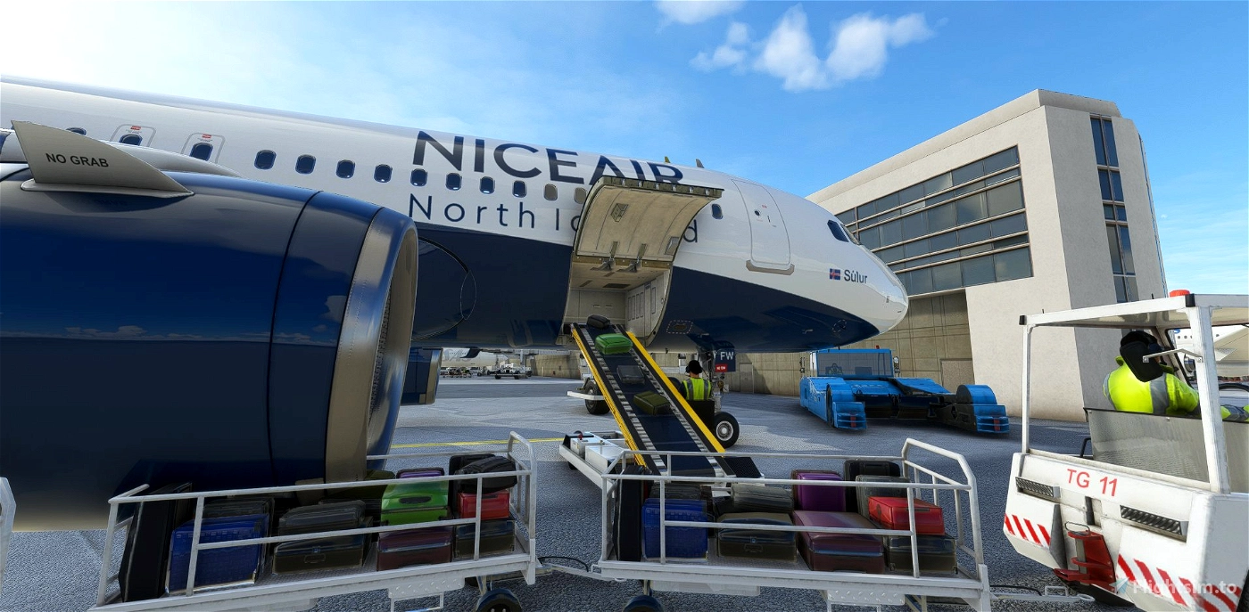 An airplane parked at an airport gate with a boarding ramp leading to the aircraft door. Airport ground crew members are working nearby. The airplane has 'NICE AIR' written on it and appears to be a large commercial jet.