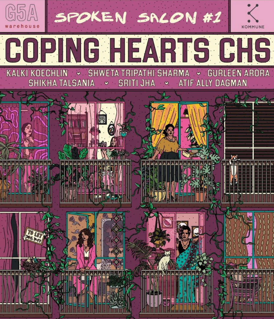 Illustration of an apartment building with six female characters on their balconies, surrounded by vines and plants. The top banner reads 'Spoken Salon #1' with the phrase 'Coping Hearts CHS' beneath it. Various rooms show women engaging in different activities, with some having cats or small animals.