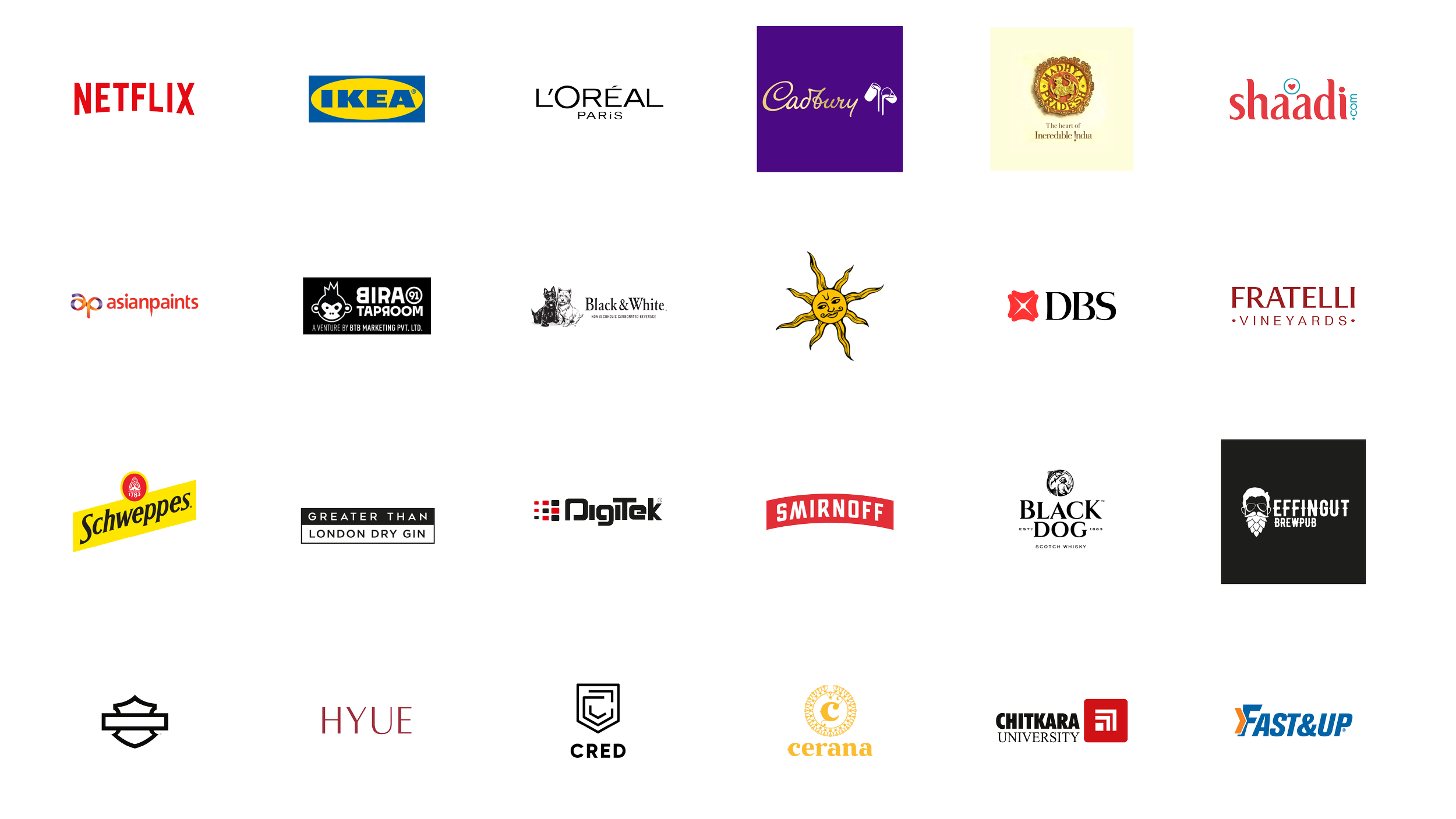 A collage of various brand logos arranged in horizontal rows.