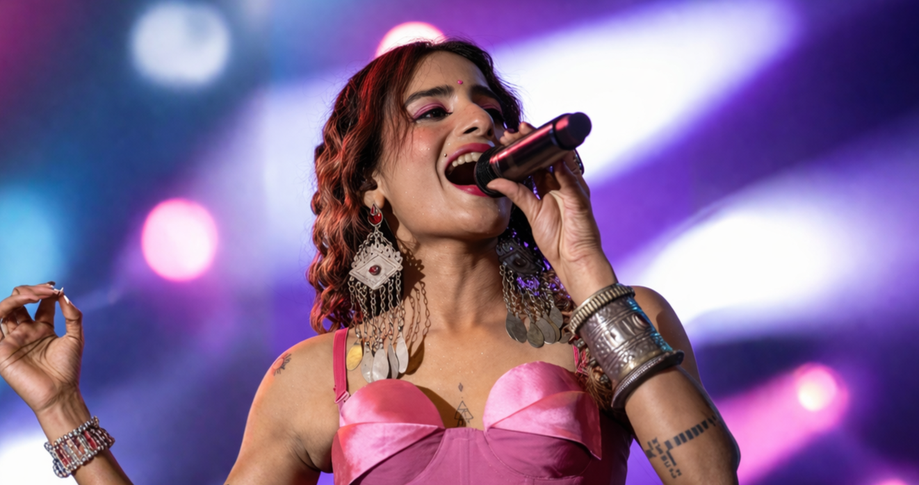 A woman (Rashmeet Kaur) with curly hair singing into a microphone, wearing a pink dress, large earrings, and multiple bracelets, on stage with colorful lights in the background.