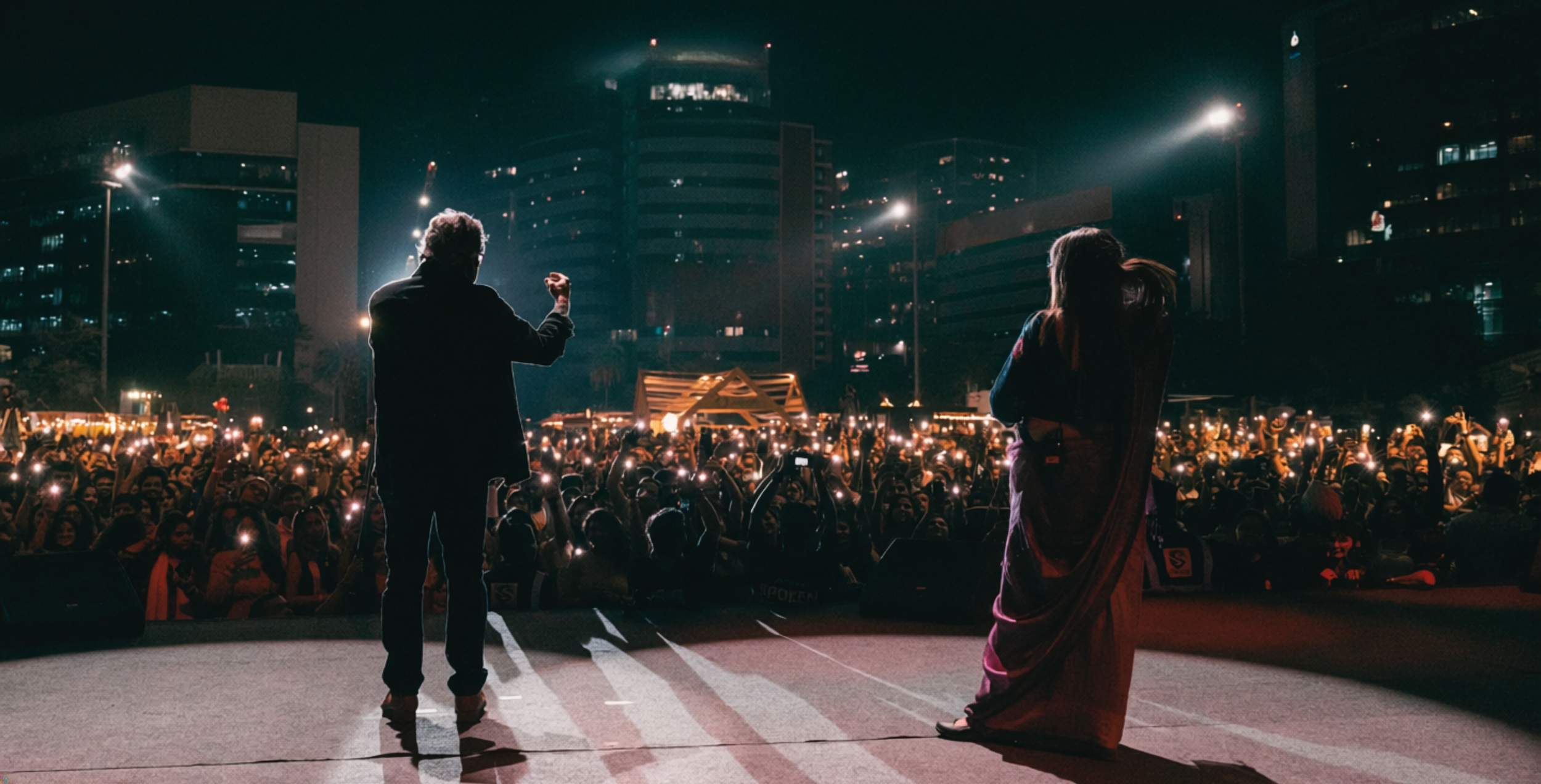 A man and woman on stage facing a large crowd at night in an urban area with tall buildings in the background. The crowd is holding up lights, creating a sea of small glowing points.