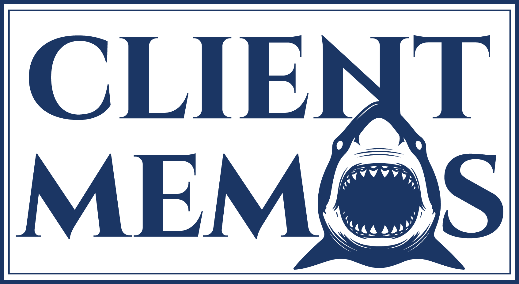 The words "Client Memos" with shark imagery