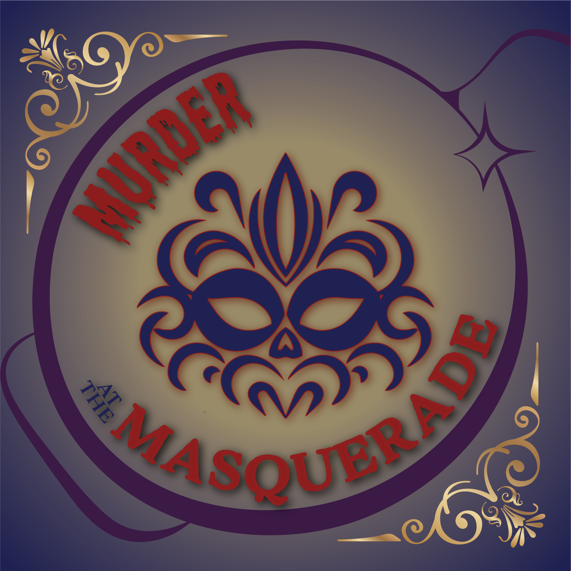 Logo for the "Murder at the Masquerade" Murder Mystery Game featuring a stylized mask in blue and red, surrounded by purple and gold decorative flourishes, with the title in varieties of red, drippy lettering and bold blue & red font