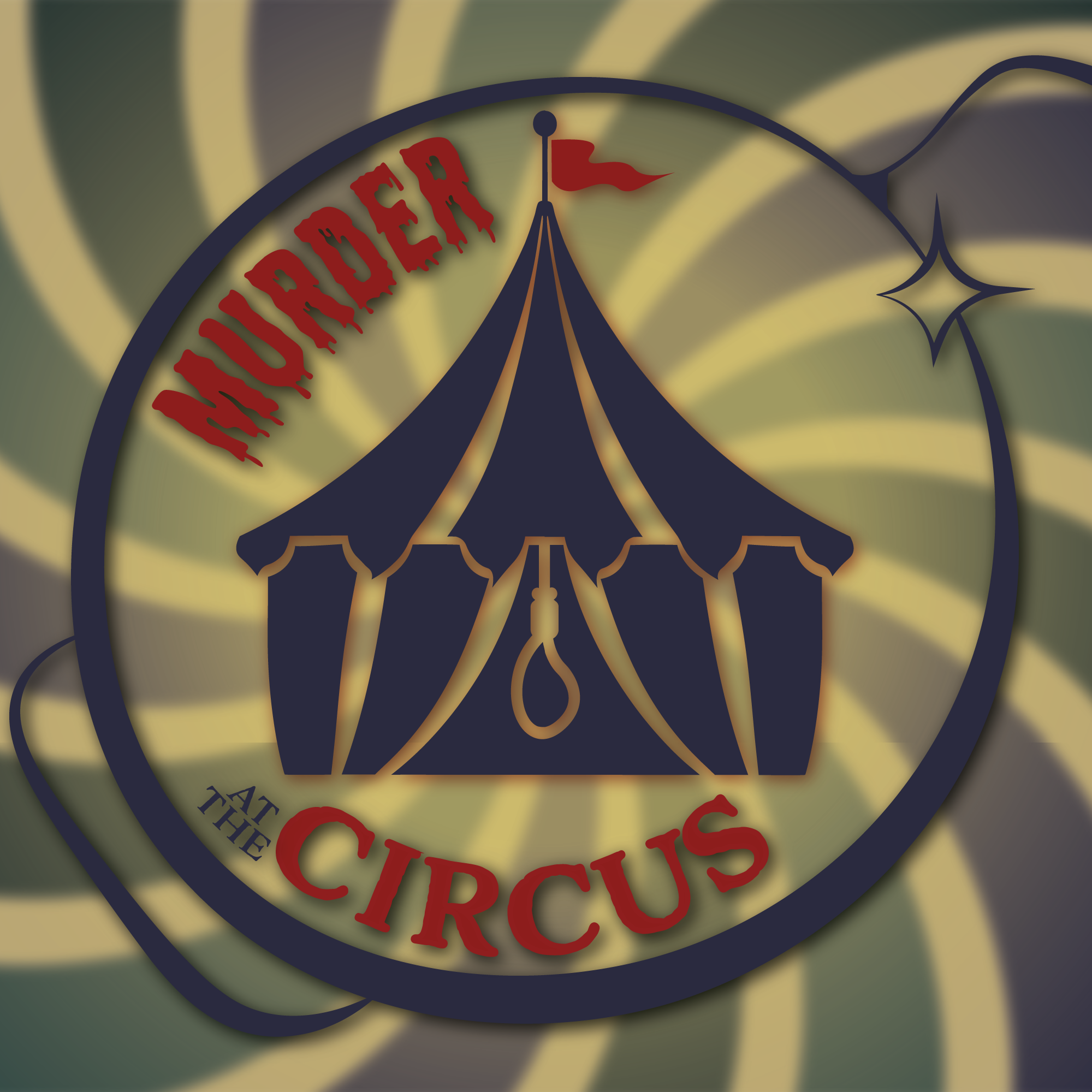 Logo for the "Murder at the Circus" Murder Mystery Game featuring a dark purple tent with a small red flag on top, with the title in varieties of red, drippy lettering and bold purple & red font on a spiral background.