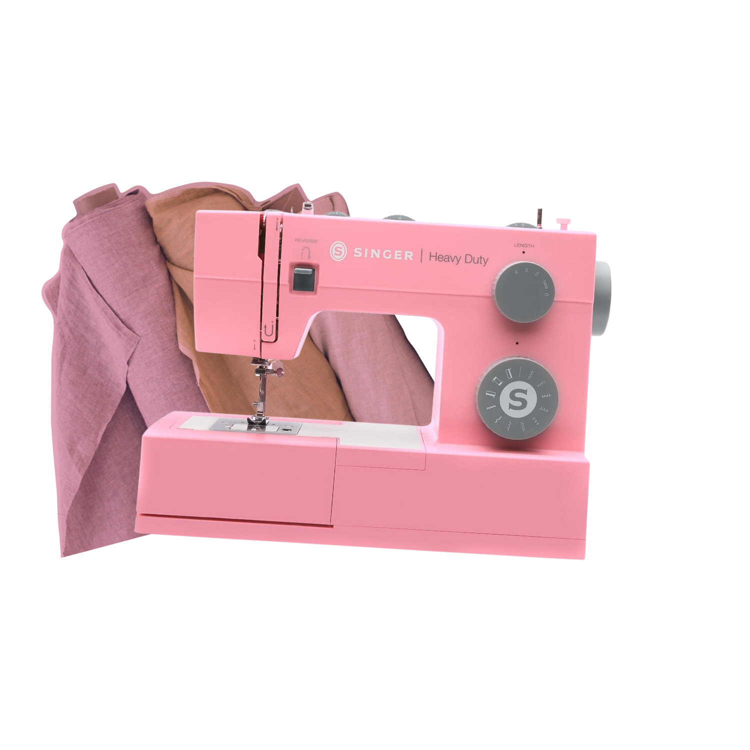 A pink sewing machine sewing beige and pink fabric.