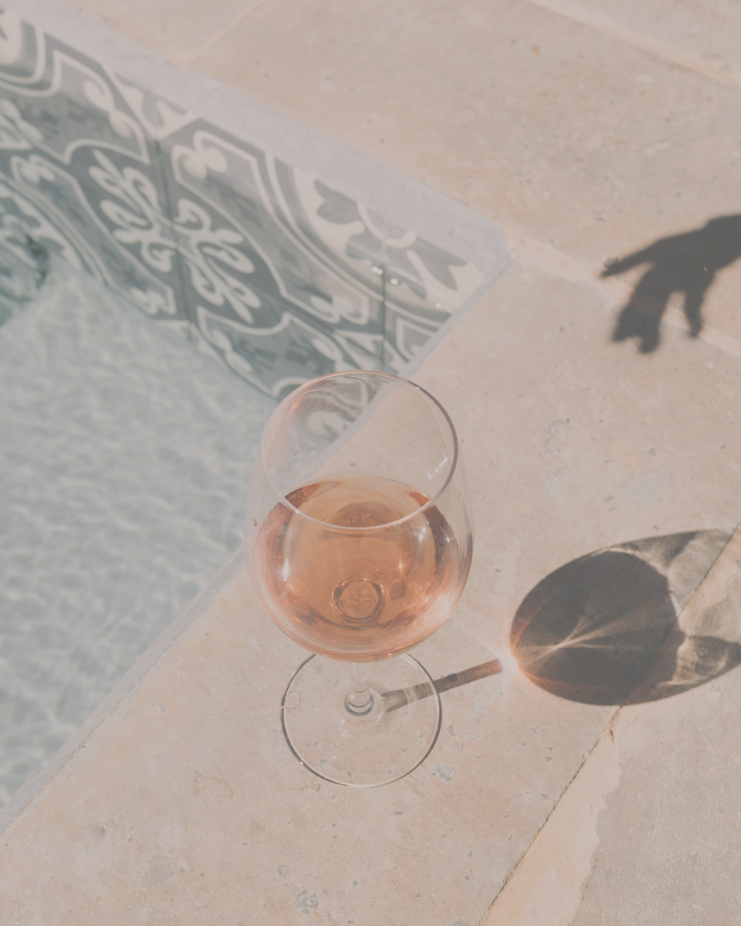 A glass of rosé wine on a poolside ledge with a decorative tile pattern and water in the background, casting a shadow of a plant leaf.