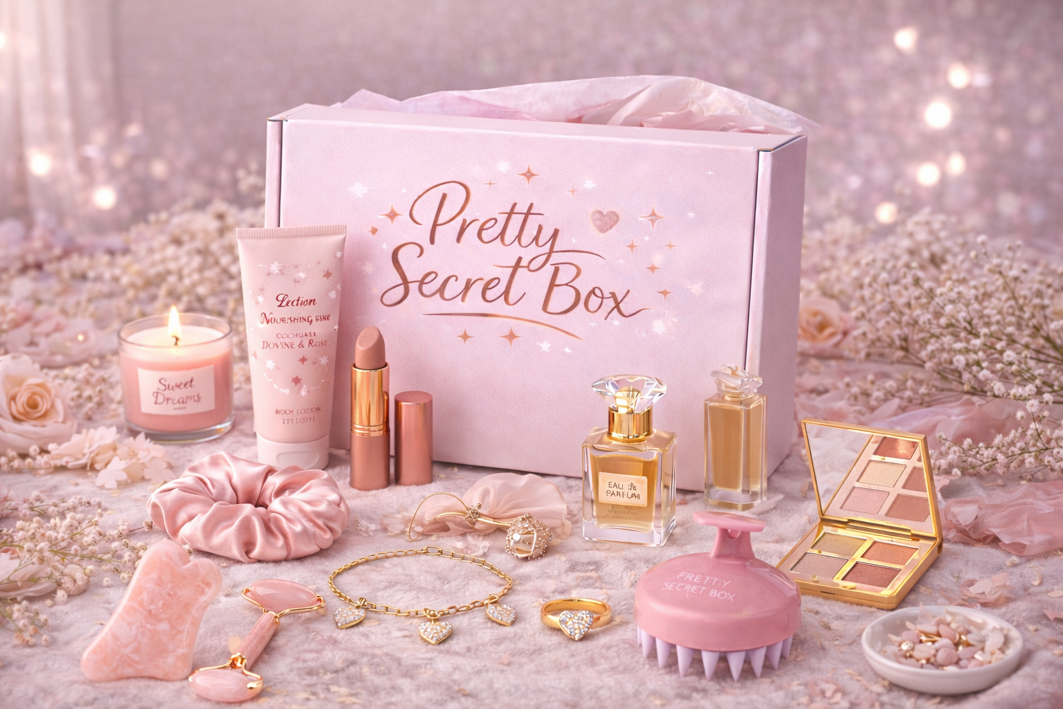 Une boîte de secrets de beauté rose clair entourée de divers produits cosmétiques et accessoires, avec des bijoux, un parfum, un gel douche, des produits de maquillage et une bougie, tous disposés sur une surface rose et décorée de fleurs et de lumière douce.