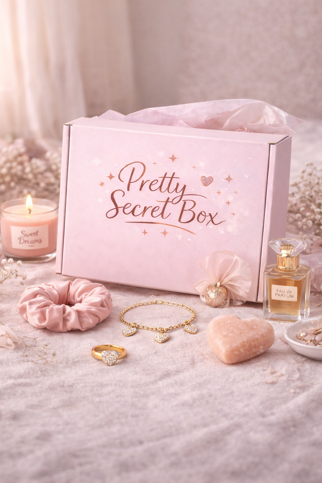 Une boîte rose appelée 'Pretty Secret Box' entourée de bijoux, parfums, bougie, et décorations florales sur une surface en tissu
