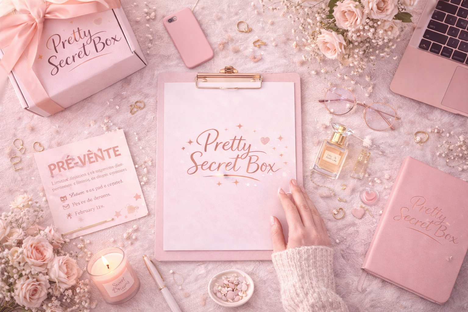 Une table rose avec divers objets: une boîte cadeaux 'Pretty Secret Box', un carnet rose aussi marqué 'Pretty Secret Box', un smartphone rose, des lunettes rondes, des perles, des bijoux en or, un parfum, une bougie parfumée 'Sweet Durance', un stylo, un vase avec des roses blanches et roses, un ordinateur portable rose, et un papier avec une fiche de pré-vente pour une boîte mystère.