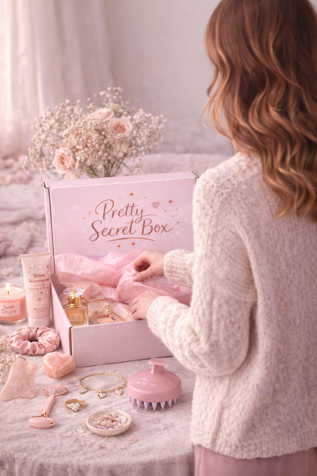 Une femme regarde dans une boîte de secrets roses étiquetée "Pretty Secret Box", entourée de bijoux, de produits de beauté, un bouquet de fleurs et une bougie, dans un décor doux et pastel.