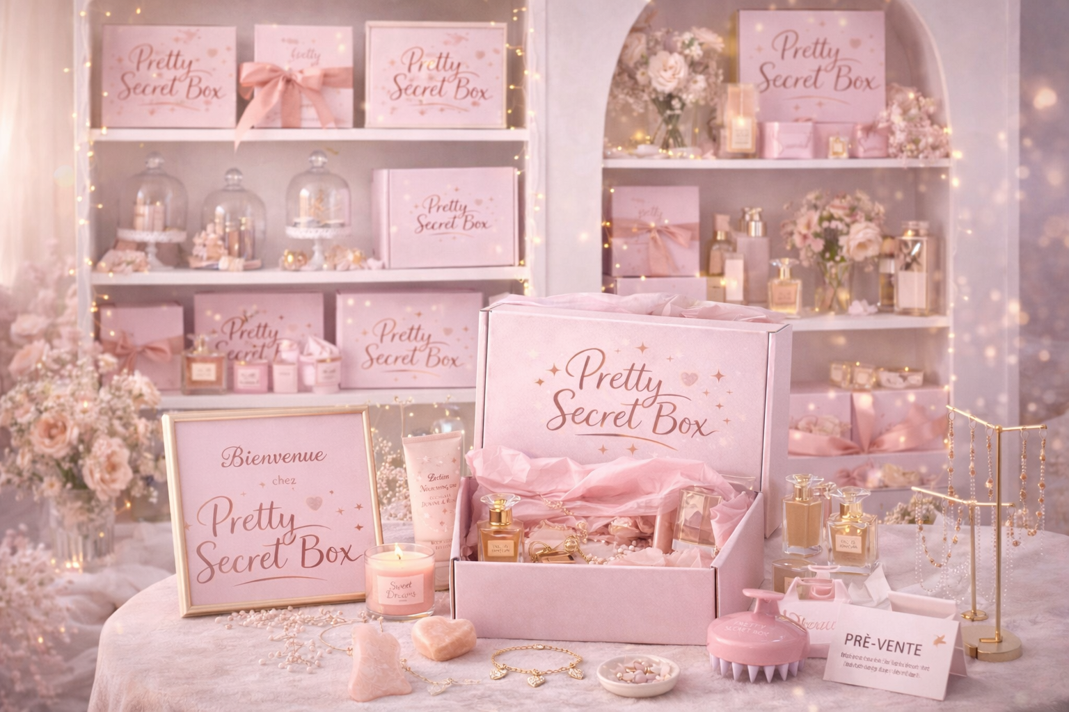Décor pastel rose avec coffrets et produits de beauté, fleurs, bougie, bijoux, et pancarte 'Bienvenue chez Pretty Secret Box' dans un style délicat et féminin.