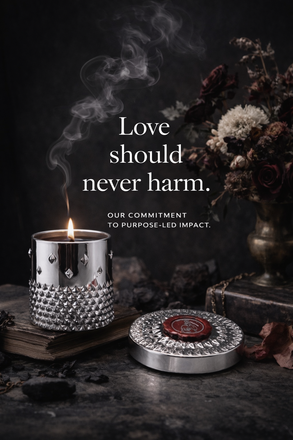 A lit candle with a silver metallic holder emitting smoke, placed on an old book. To the right, there is a silver container with intricate designs and a wax seal on top. In the background, there is a dark vase with dried flowers. Overlaid text reads, "Love should never harm. Our commitment to purpose-led impact."
