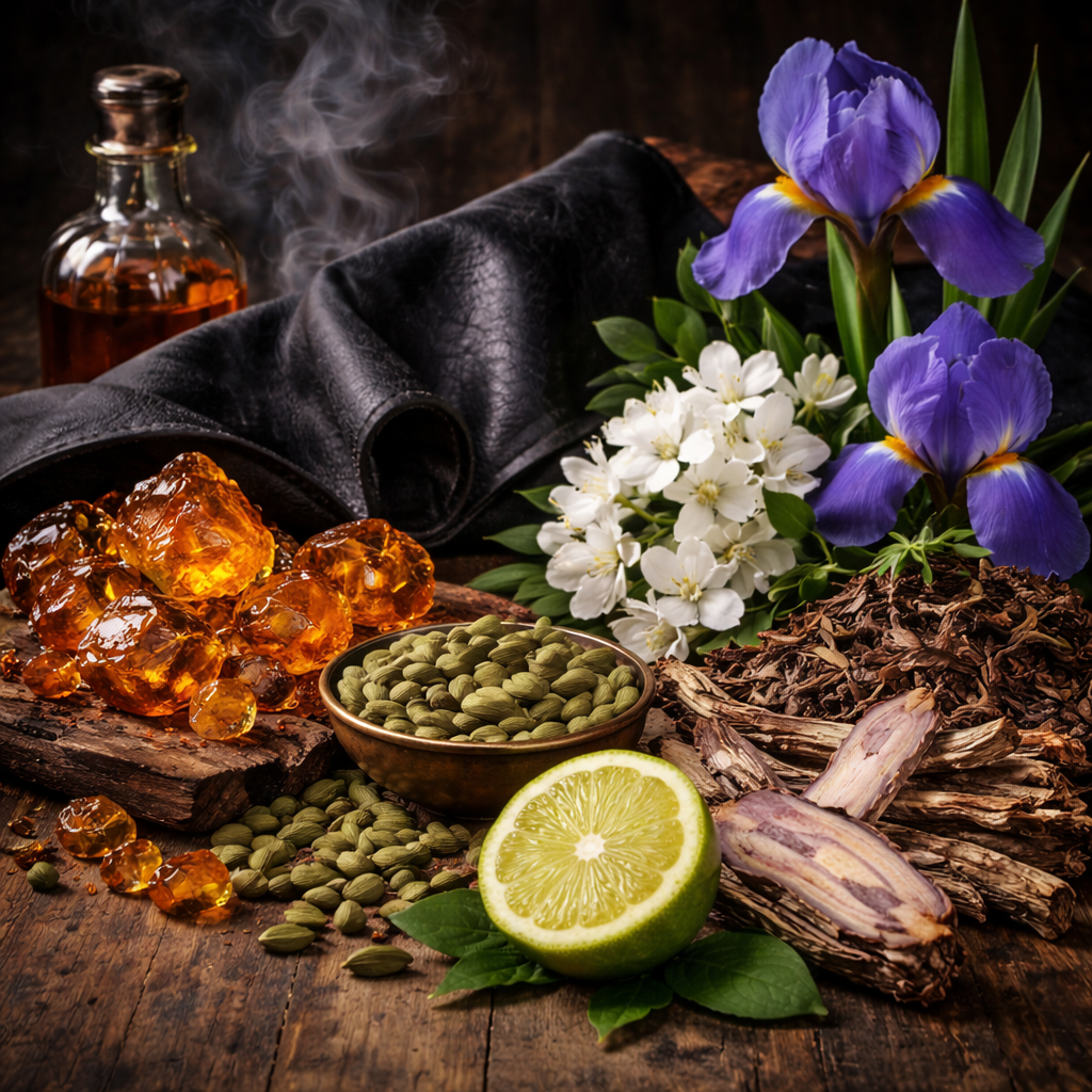 A still life arrangement of aromatic items including purple irises, white flowers, a halved lemon, dried herbs, green cardamom pods, amber resin stones, and a bottle of essential oil. The items are on a wooden surface with a black leather cloth in the background.