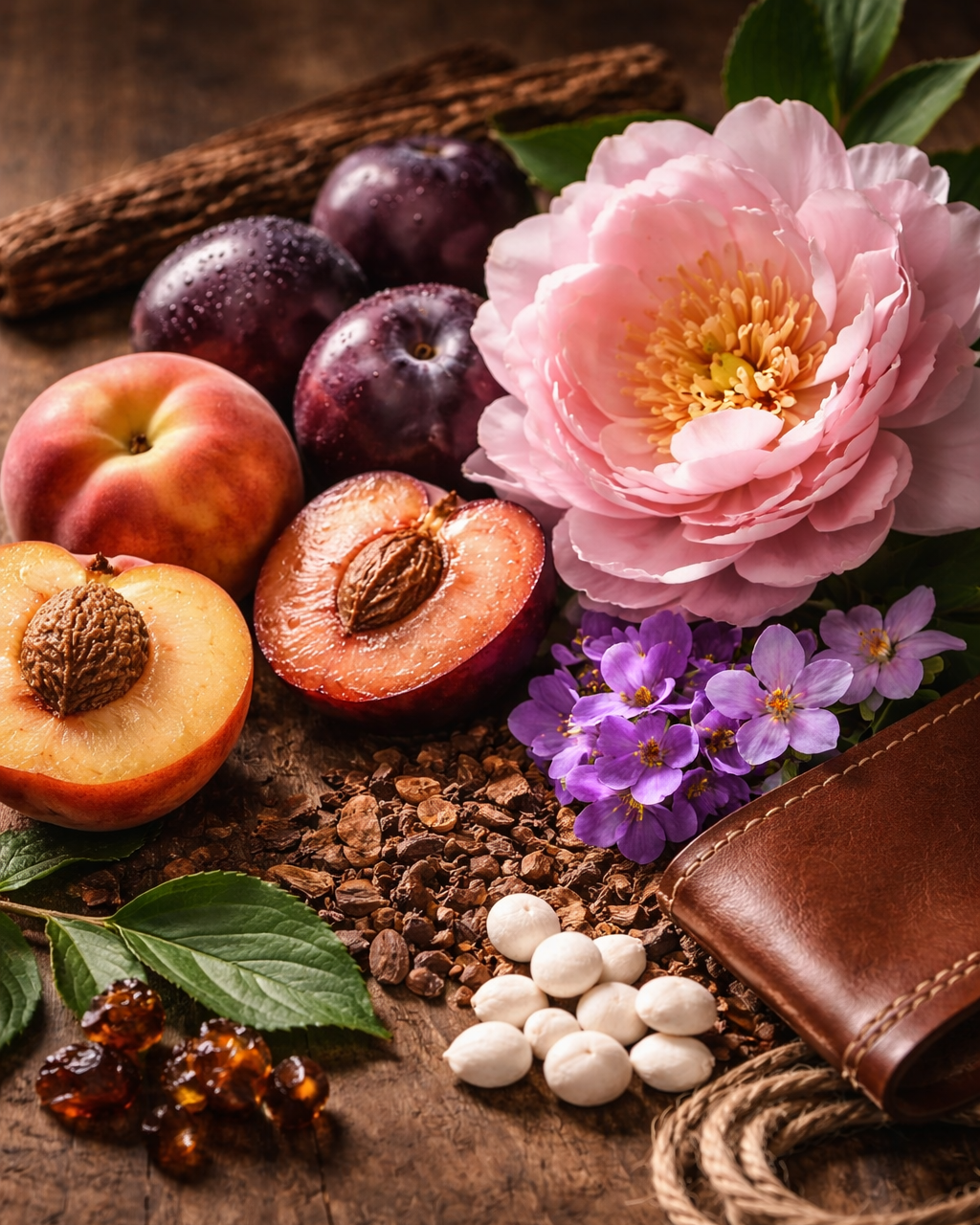 Arrangement of peaches, plums, and flowers on a rustic wooden surface with a leather wallet and scattered small candies.