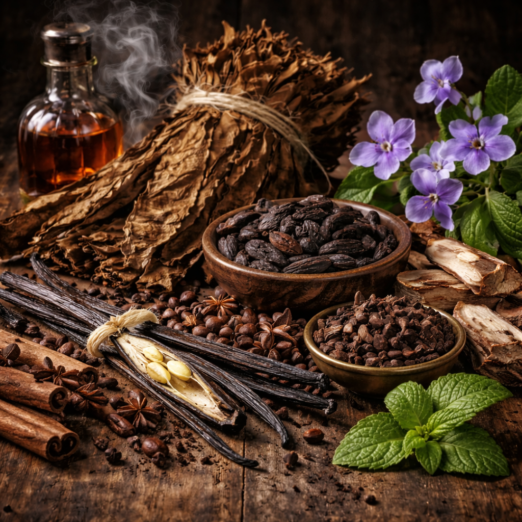 A variety of herbs, spices, and dried botanicals spread on a wooden surface, including a bowl of black seeds or beans, dried bark, cinnamon sticks, cloves, star anise, vanilla beans, a sprig of mint, and a small bottle of amber-colored liquid, with purple flowers in the background.