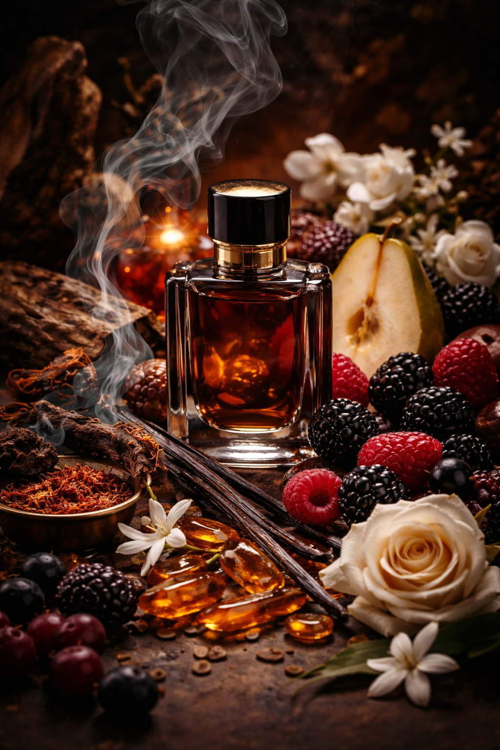 A chocolate-colored perfume bottle with a black cap among fresh berries, white flowers, sliced pear, and amber gemstones, with wood and smoke accents in a dark, rustic setting.