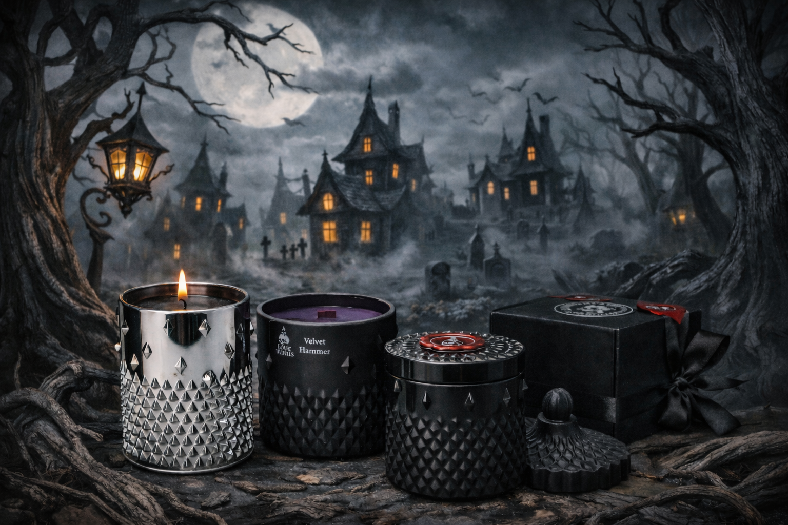 A collection of black candles and a black gift box with a ribbon are set against a spooky haunted house scene with a full moon, twisted trees with lanterns, and a misty graveyard in the background.
