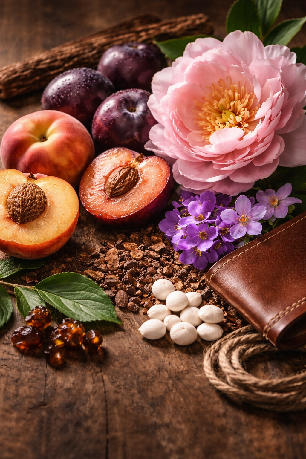 A still life arrangement of peaches, plums, and a halved plum on a wooden surface, with pink and purple flowers, green leaves, a leather wallet, white candies, amber-colored candies, and a piece of rope.