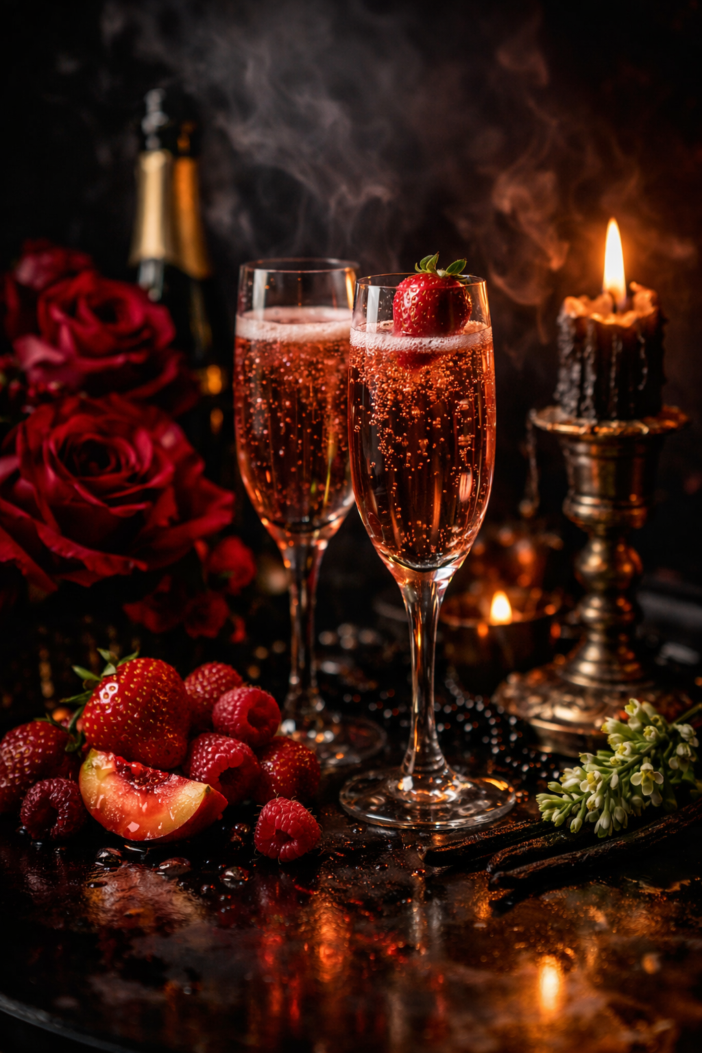 Two flutes of sparkling rosé champagne with strawberries on top, surrounded by red roses, raspberries, a champagne bottle, a lit candle, and flowers, in a romantic setting.