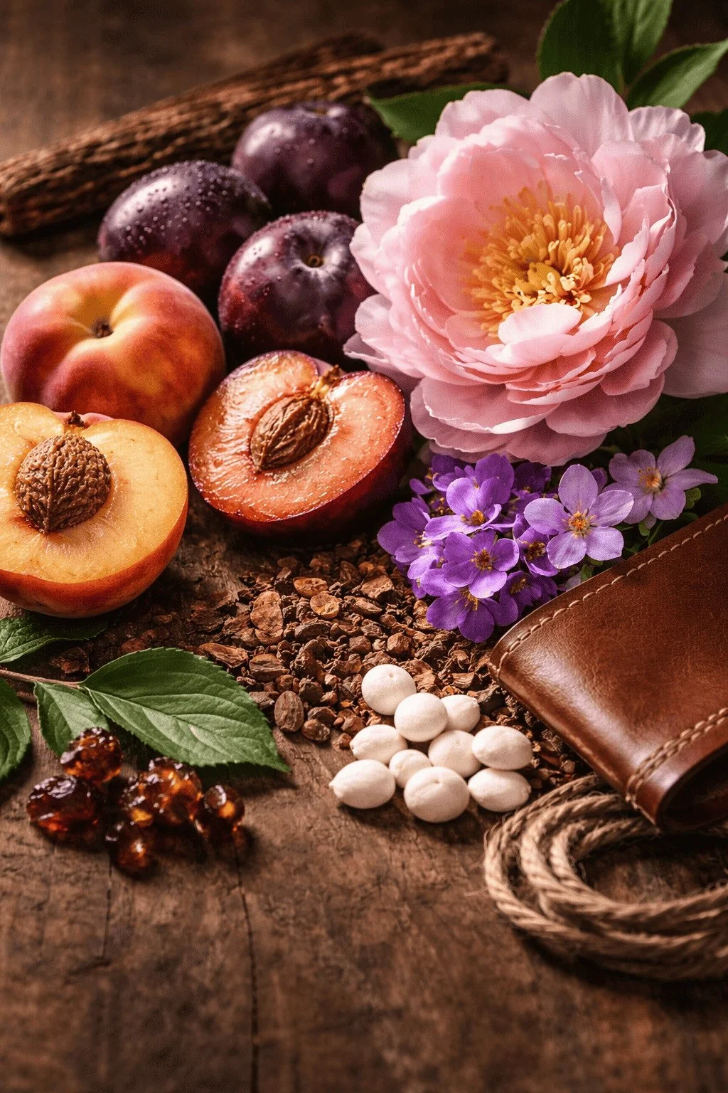 Moody still life of stone fruits, florals and leather with warm base notes, representing a rich fruity-leather fragrance