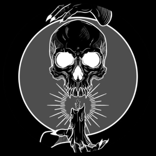 A black and white illustration of a skull with glowing eyes, surrounded by a circular frame, with a hand holding a candle below it.