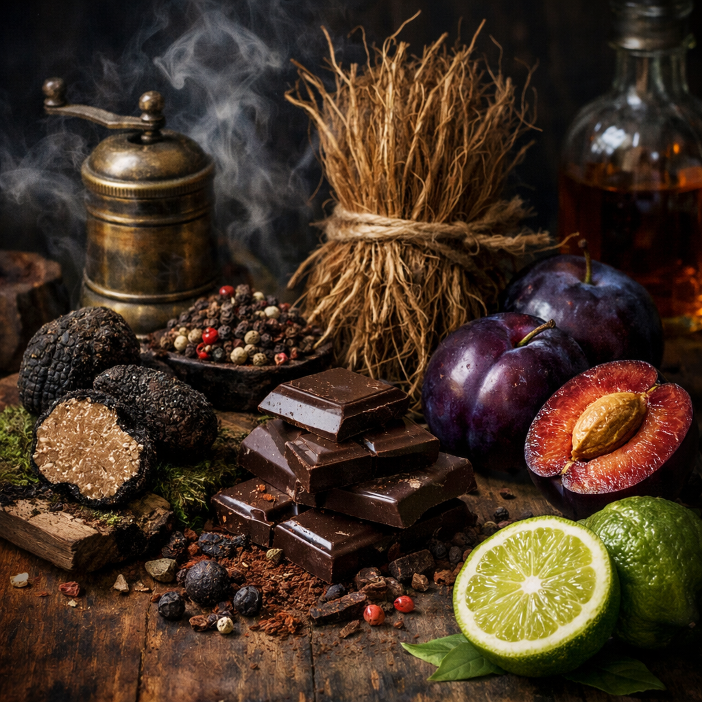 A rustic wooden table displays black truffles, dark chocolate bars, purple plums, a halved apricot with a seed, a halved lime, and a whole lime, with dried herbs, peppercorns, and an antique brass pepper mill in the background.