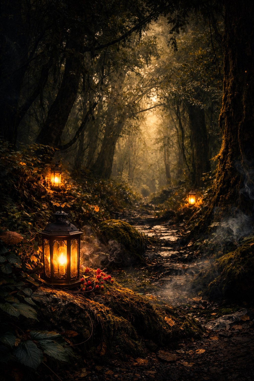 A mystical forest scene with tall trees and mossy ground, illuminated by glowing lanterns along a narrow, rocky path, creating an enchanting atmosphere.