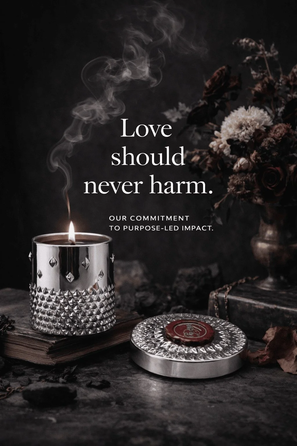 rockstud candle burning on a pile of old books and wilting bouquet of flowers with the text love should never harm