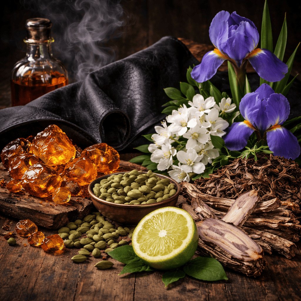 Dark composition of black leather, spices, florals and amber on a rustic surface, representing a bold leathery fragrance