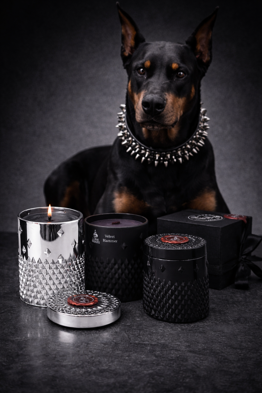 A black dog with tan markings wearing a spiked collar, sitting behind a collection of black and silver candles and a black gift box, on a dark surface with a dark background.