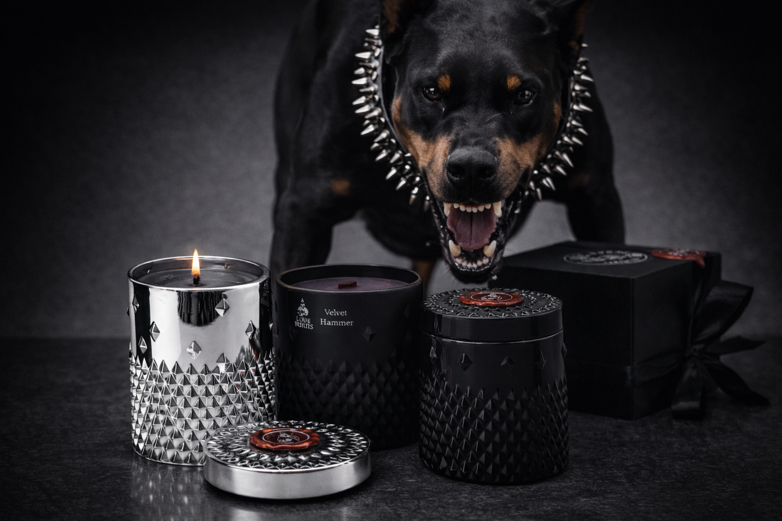 A Rottweiler dog with a spiked collar looking fierce near black and metallic candles and packaging on a dark surface.