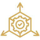 Icon of a gear inside a hexagon with three arrows pointing outward in all directions