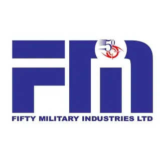 Logo of Fifty Military Industries Ltd, featuring bold blue letters 'FMD' and a 50th anniversary emblem with a red and blue design.