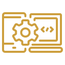 Illustration of a computer screen with a gear icon and code brackets, representing settings or development.