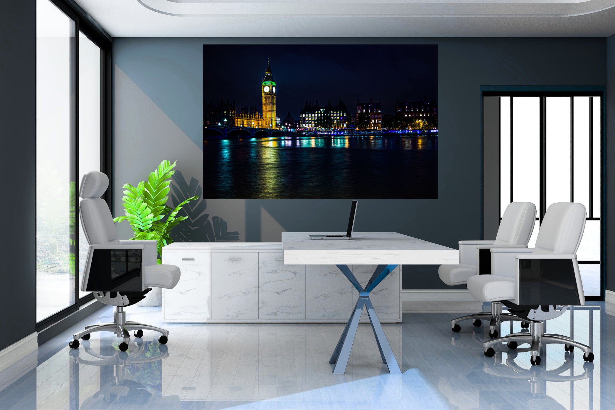 Modern office space with white chairs, a white table, and a large wall-mounted display showing a night view of Big Ben and the London skyline reflected on the river.