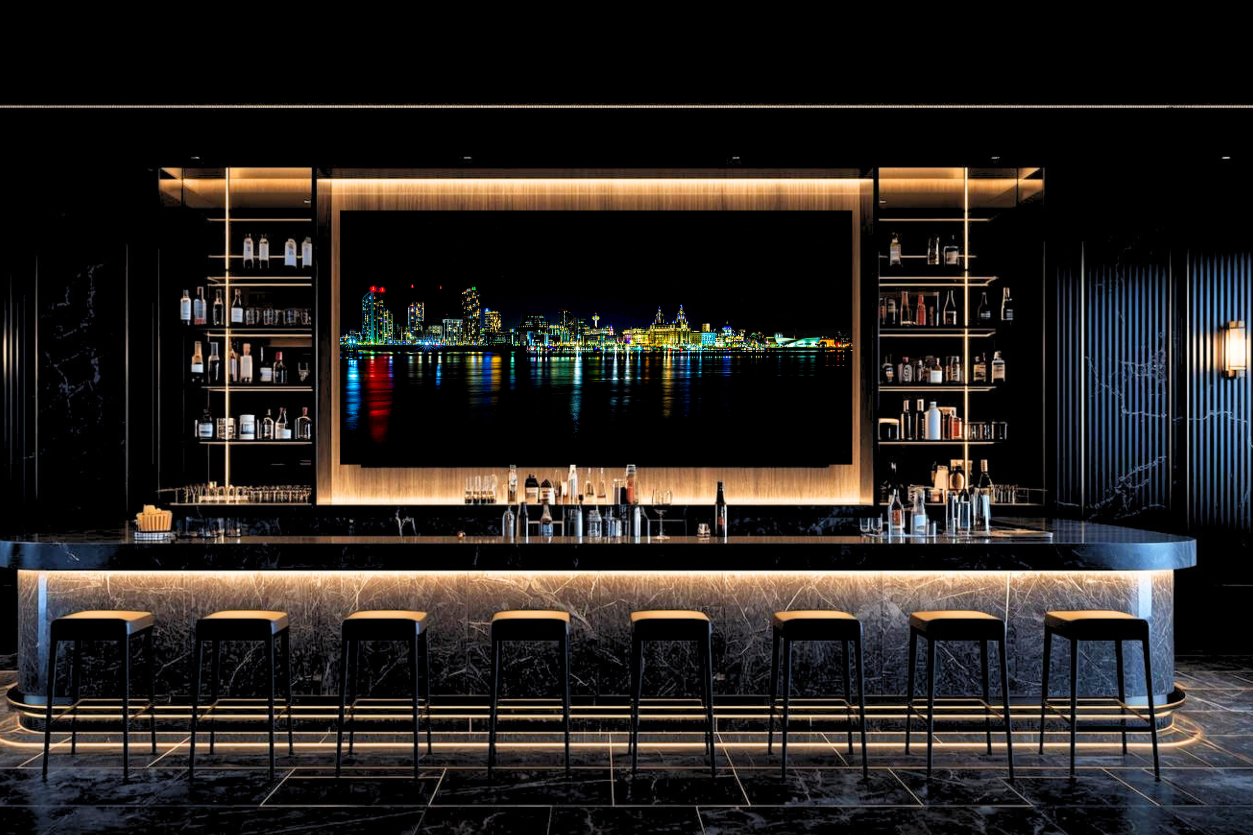 Works seamlessly with architectural lighting, glass, and premium materials. The artwork remains composed even in dynamic evening environments.