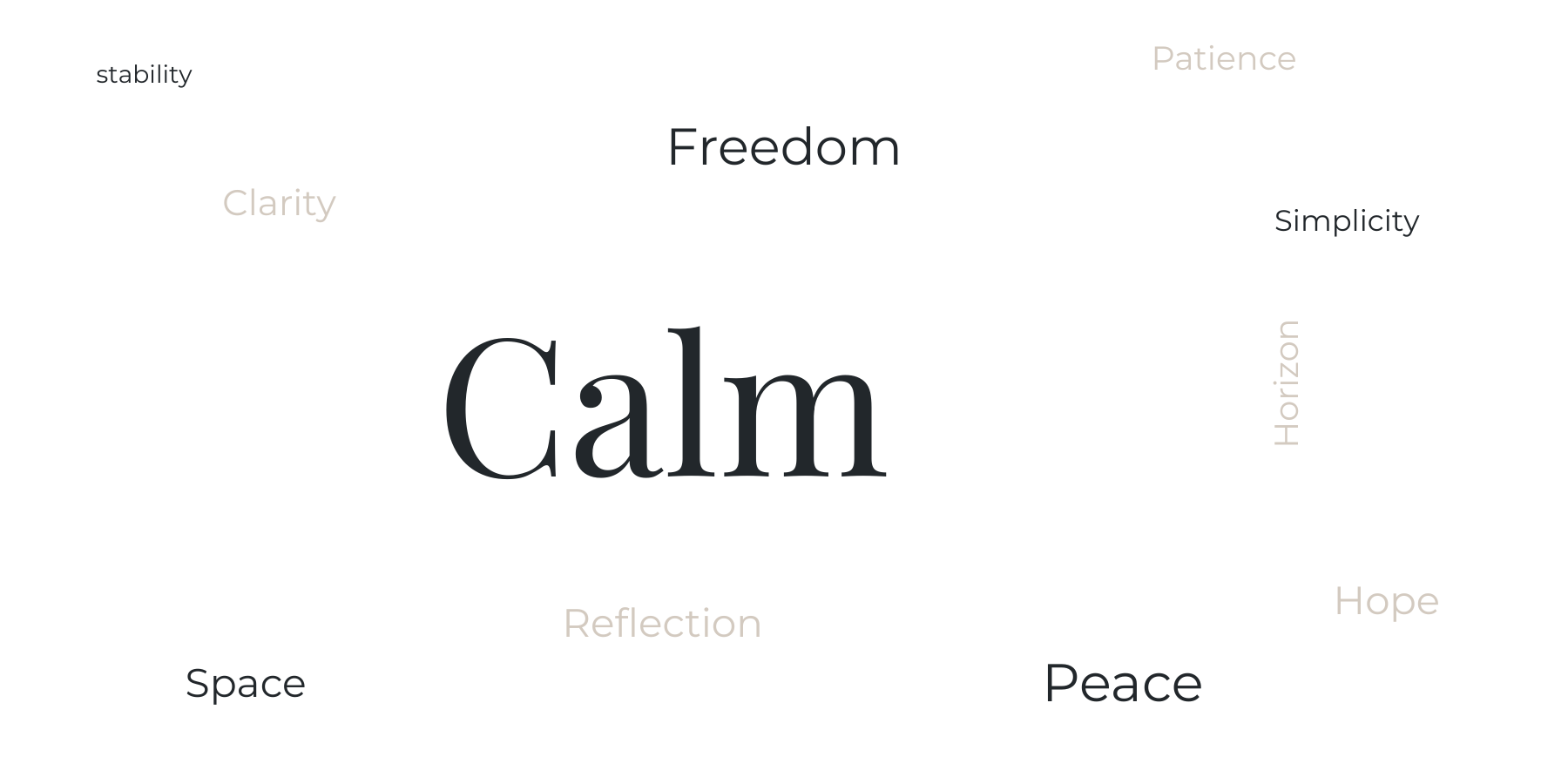 Word Cloud describing Calm, Freedom, Hope, Peace....