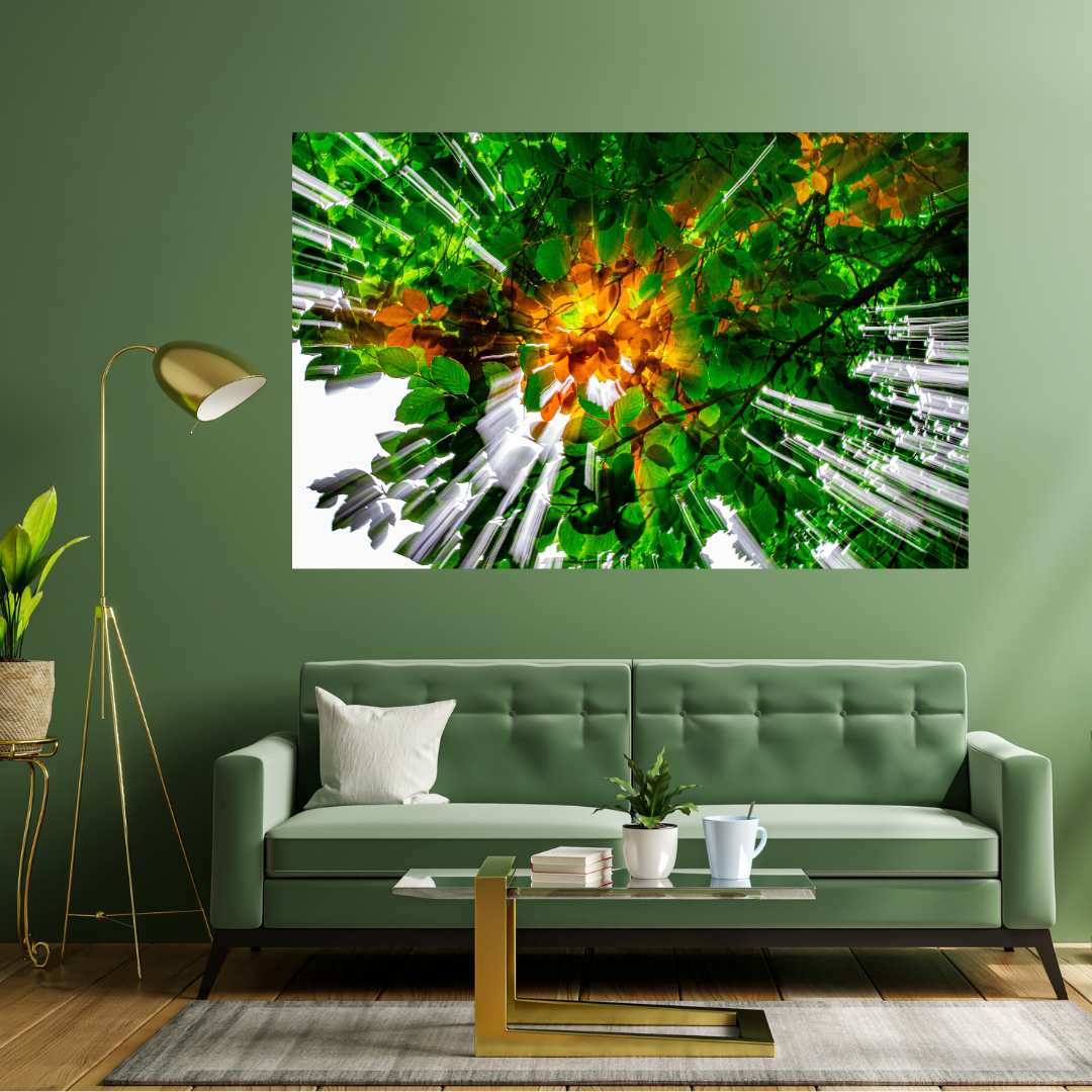 A framed, abstract photograph of leaves and sunlight on a green wall in a living room.