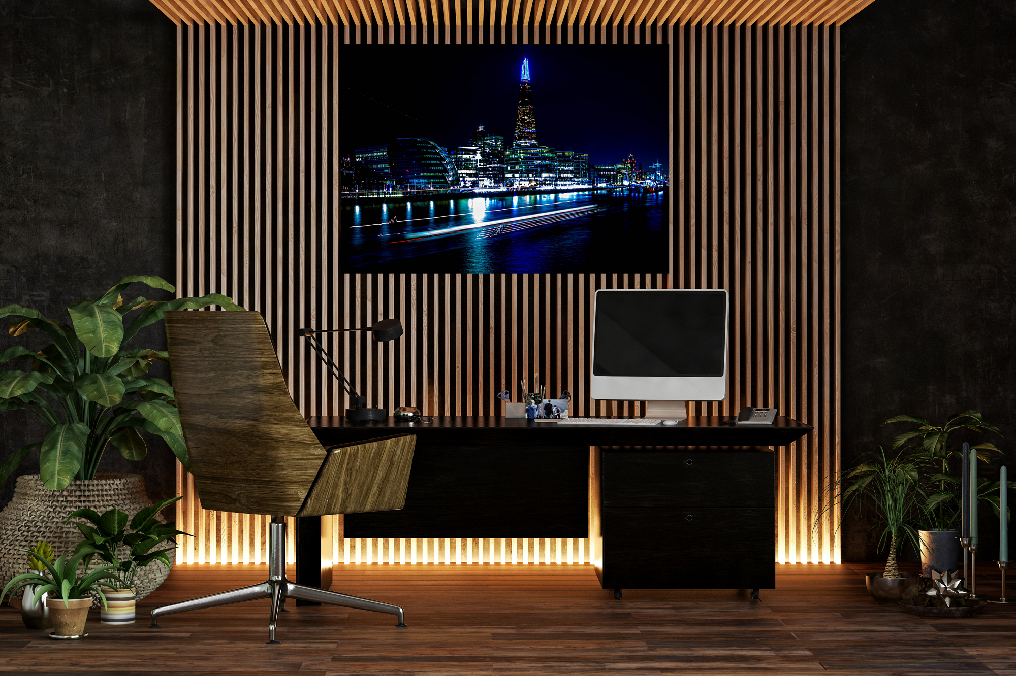 Modern office with a wooden slat accent wall, desk with a computer, lamp, and pens, surrounded by potted plants, and a large screen displaying a cityscape at night.