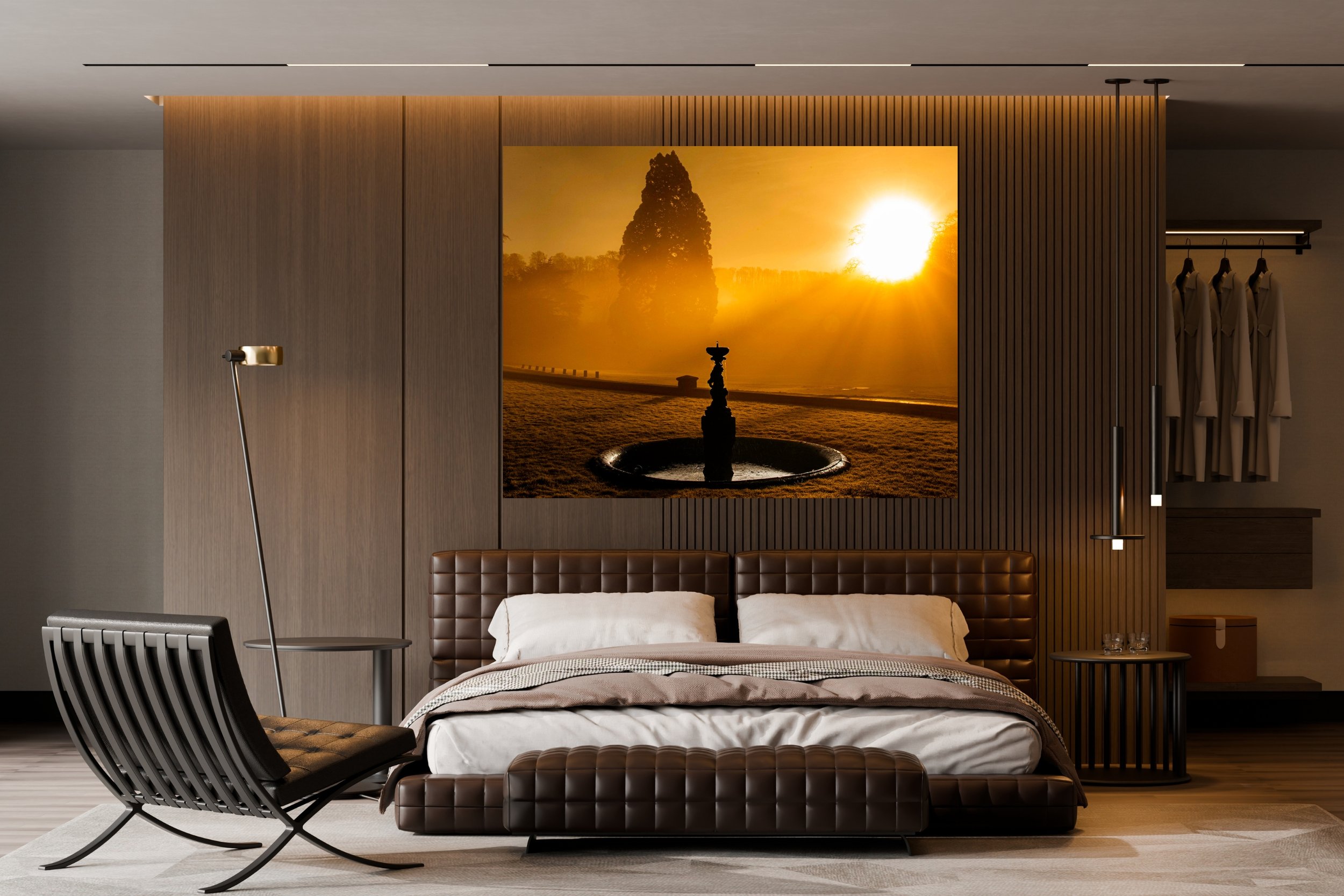 Luxury Hotel Bedroom with a stunning print above the bed, the scene bathed  in a glorious golden glow  