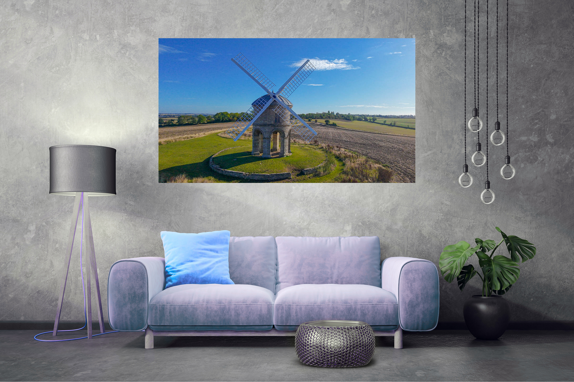 Living room with modern decor, including a grey couch with a blue pillow, a standing lamp, a potted plant, and a framed picture of a windmill on the wall.