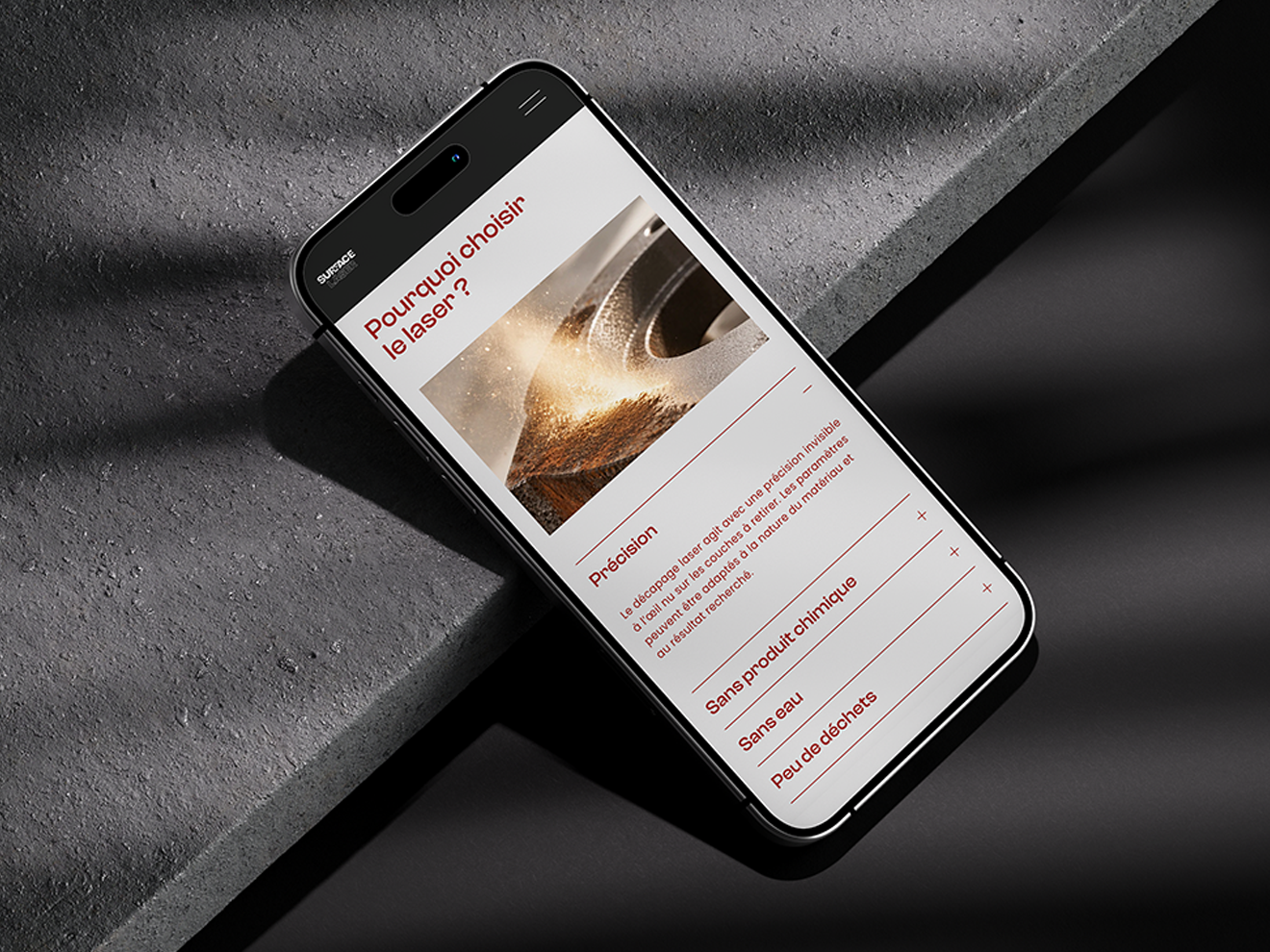 Version mobile du site internet Surface Laser, spécialiste du nettoyage et décapage laser des surfaces industrielles.