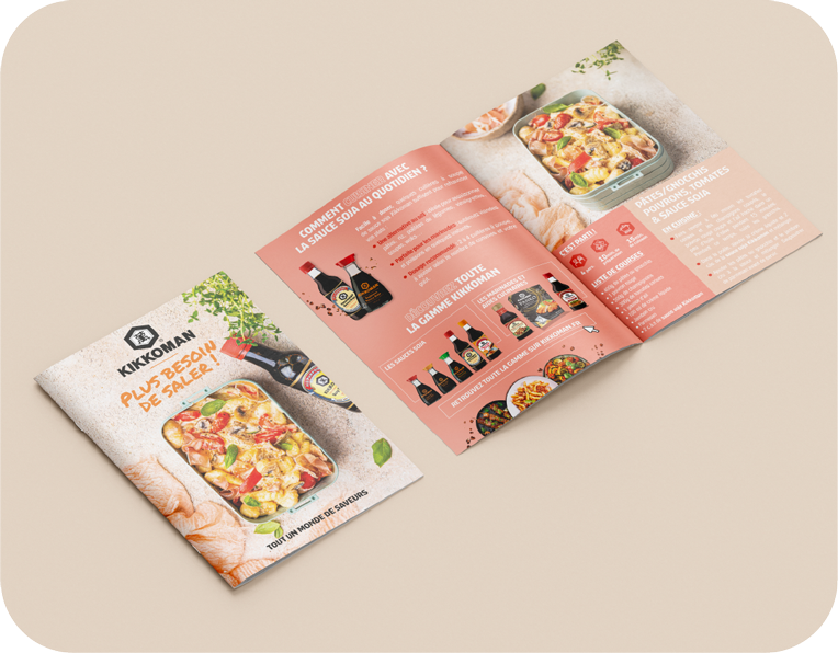 Un livret de promotion de sauces et assaisonnements pour plats, avec une image de gratin de pâtes au fromage, présenté sur fond beige clair.