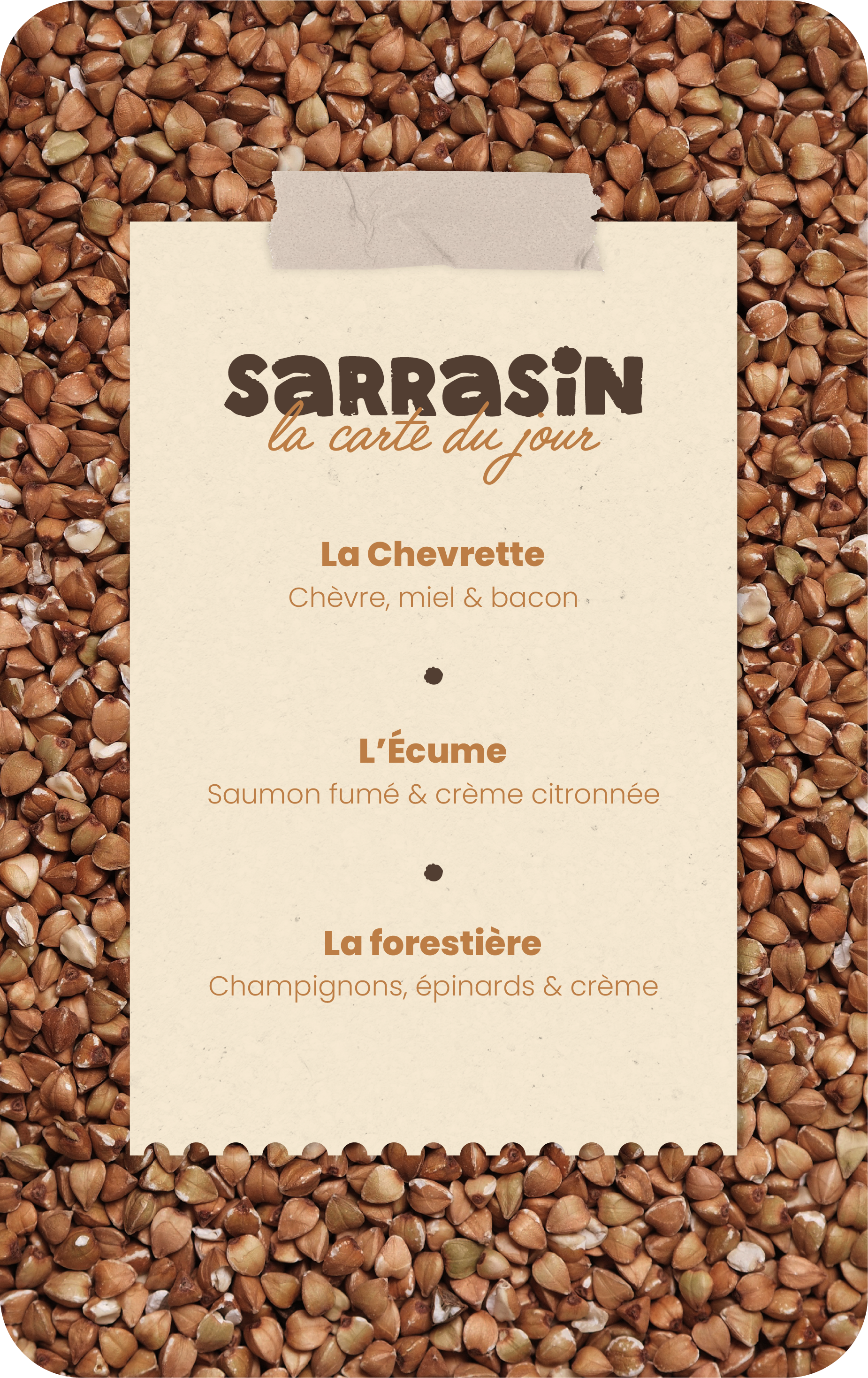 Menu avec fond de graines de sarrasin, listant quatre plats à base de sarrasin, dont la chevre, le saumon fumé, les champignons.
