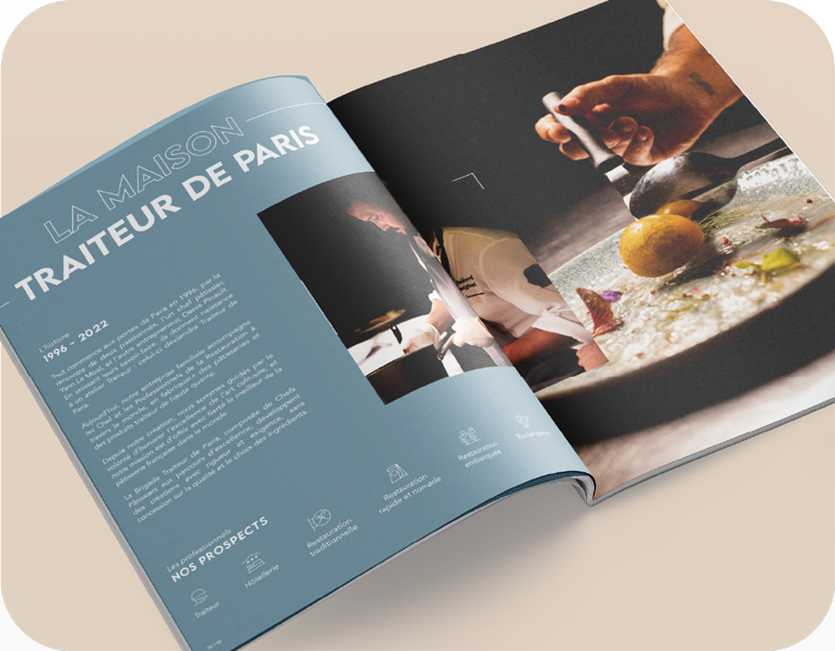 Page d'un magazine sur la maison de traiteur à Paris, avec texte et photo d'une personne en action culinaire.