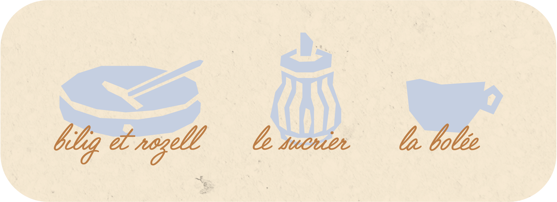 Illustration simple de trois éléments: une tarte aux brugl et rozz, un pot de sucre, une tasse. Chacun est labelisé en français : "bilig et rozzell", "le sucrier", "la bolée".